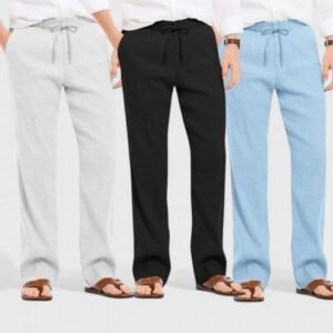 Combo of 3 Linen Loose Fit Men Pant Blue-Black and Light Gray