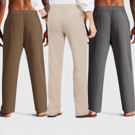 Combo of 3 Linen Loose Fit Men Pant Dark Gray-Light Beige and Brown - Image 2