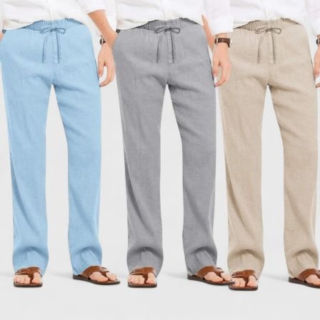 Combo of 3 Linen Loose Fit Men Pant Light Beige-Gray and Sky Blue
