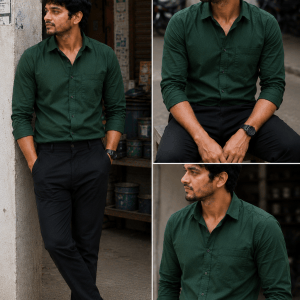 Bottle Green Shirt & Black Pant Combo | Set of 2