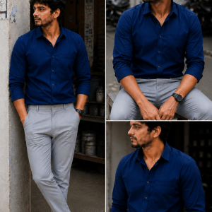 Navy Blue Shirt & Lite Grey Pant Combo | Set of 2