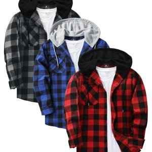 Men's Hooded Flannel Shirts | Red Navy Grey Plaid | Pack of 3