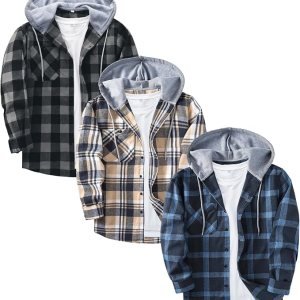 Men's Hooded Flannel Shirts | Beige Navy White Plaid | Pack of 3