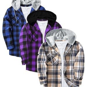 Men's Hooded Flannel Shirts | Black White Grey Plaid | Pack of 3