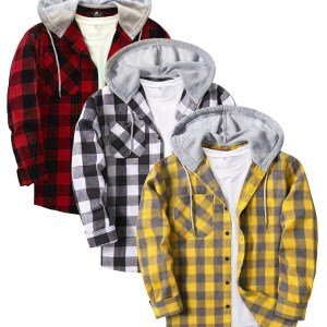 Men's Hooded Flannel Shirts | Red Grey Mustard Plaid | Pack of 3